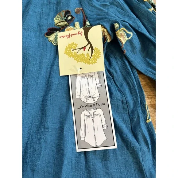 Fig & Flower Embroidered Floral Paisley Roll-Tab Tunic Blouse Turquoise Teal S - Picture 6 of 9